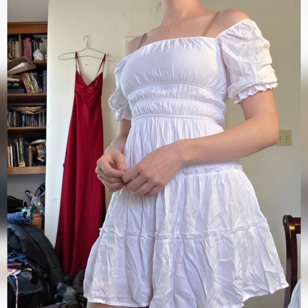 Altar'd State White Puff-Sleeve Smocked Mini Dress
